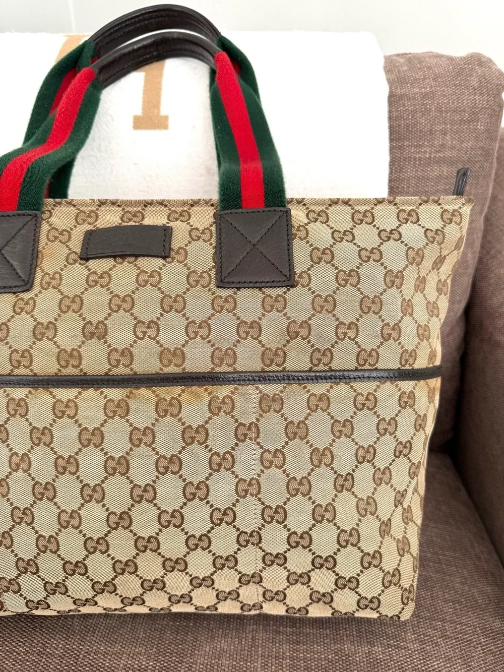 Gucci authentic tote bag brown monogram canvas diaper bag red green handles
